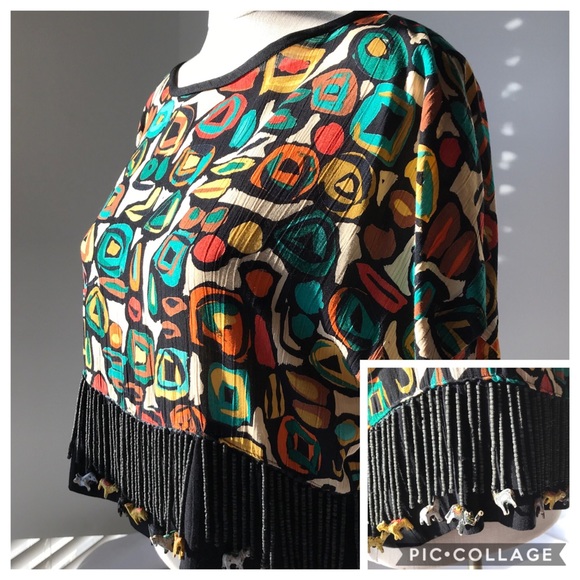 Beaded swing Top boho blouse green, black, orange see animal beads! SZ Med P - Picture 3 of 8